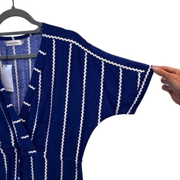 Home Holiday Claude Midi Dress Blue White Zigzag Stripe V-Neck XS Drawstring - Picture 6 of 9